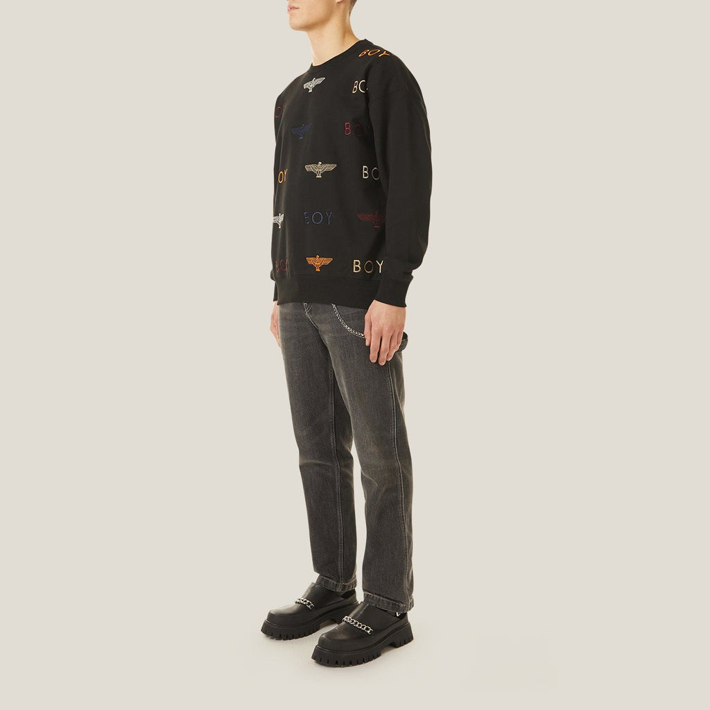 Black Boy London sweatshirt with 'BOY' logo and eagle design on a white background