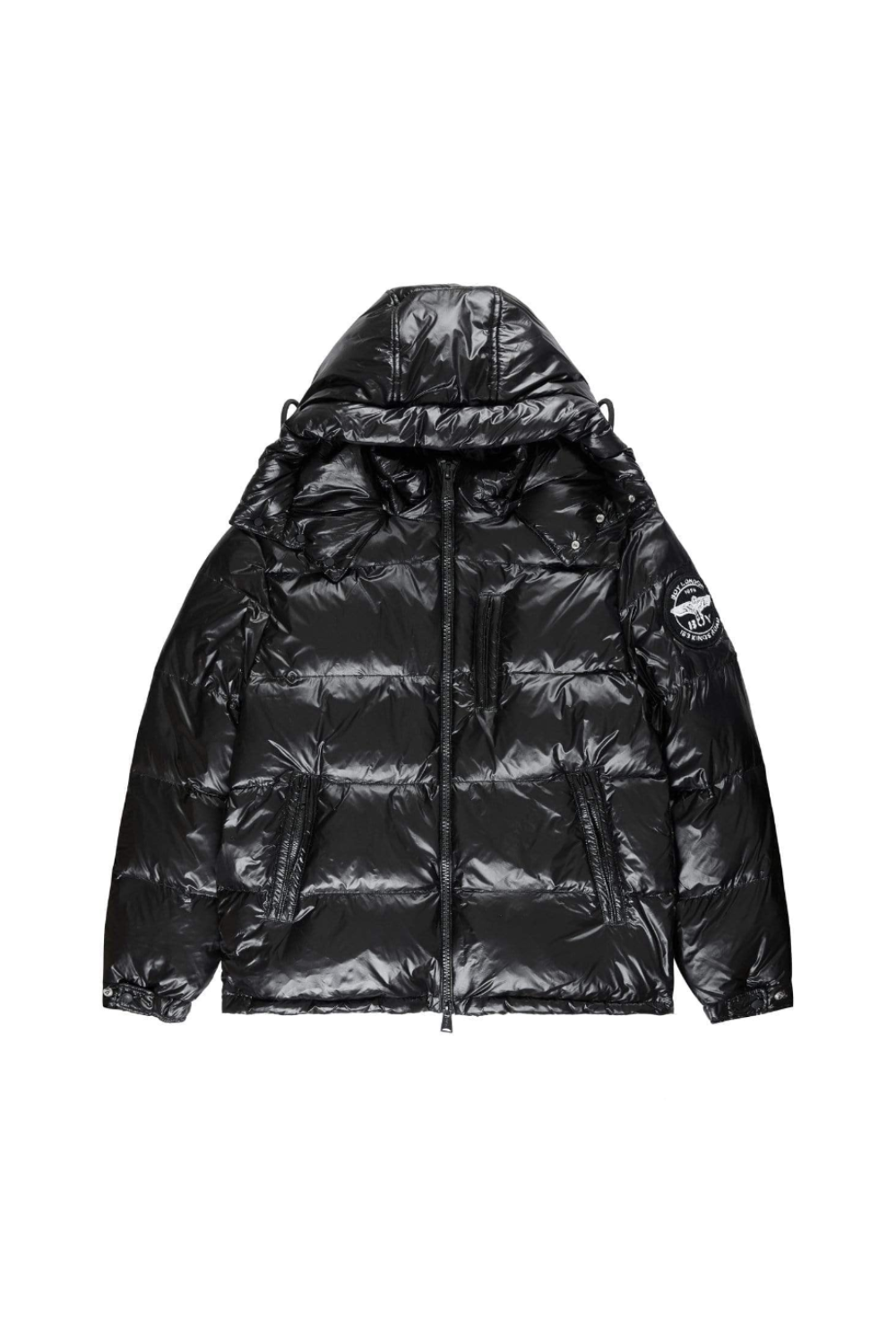 Black BOY London puffer jacket with a hood on a white background