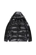 Black BOY London puffer jacket with a hood on a white background