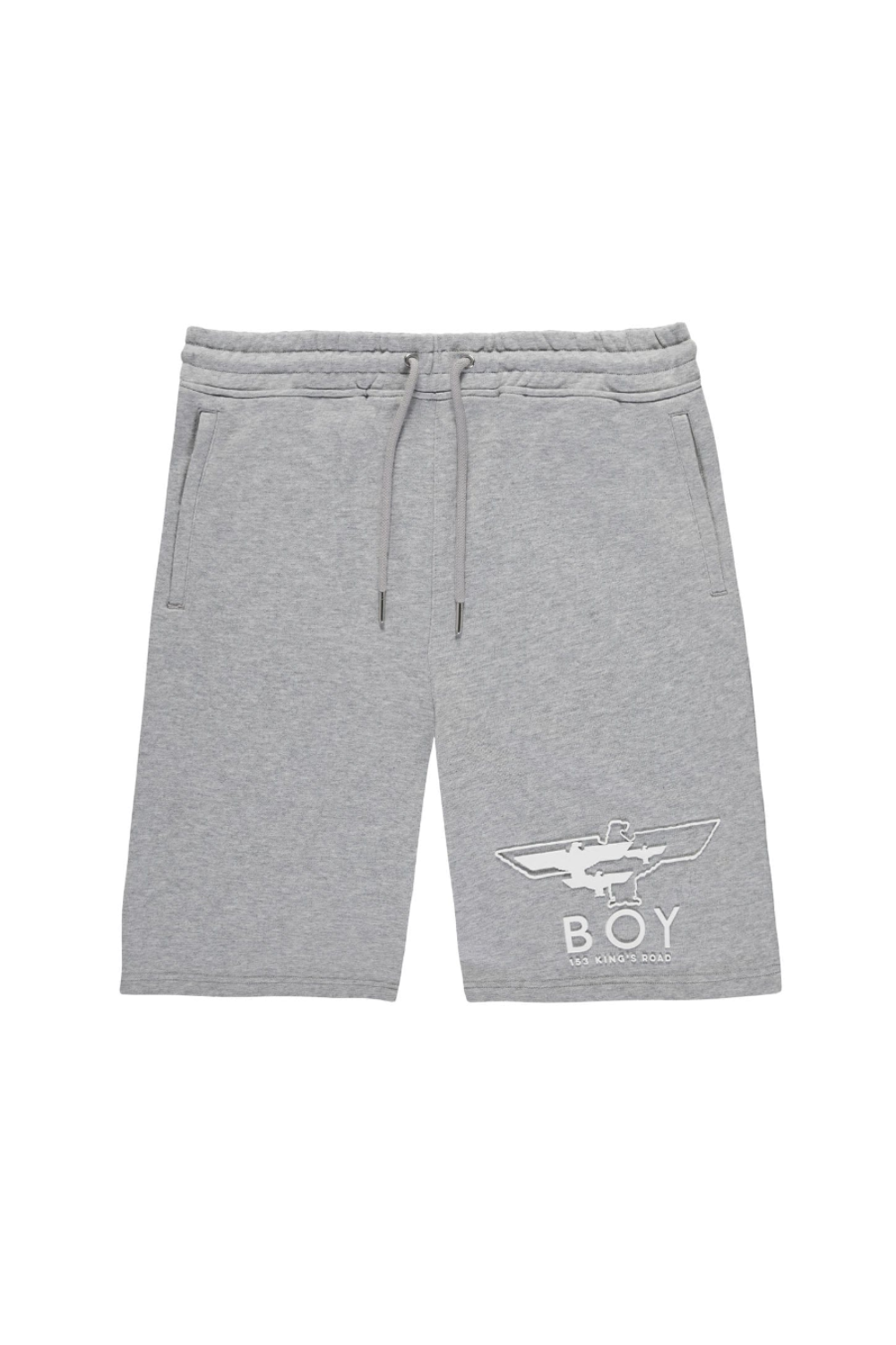 Gray BOY London shorts with a logo on a white background