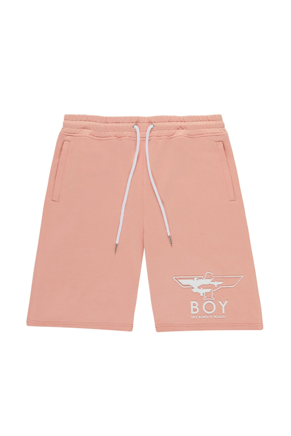 Pink BOY London shorts with a logo on a white background