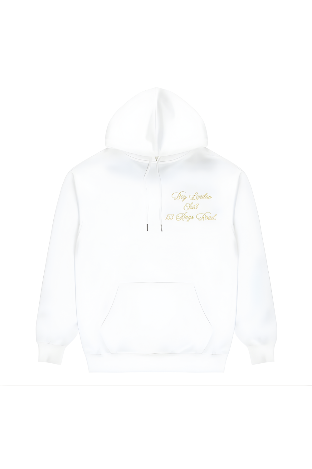 White BOY London hoodie with gold text on a white background