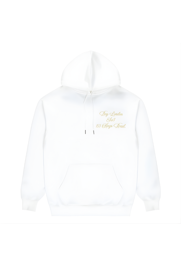 White BOY London hoodie with gold text on a white background