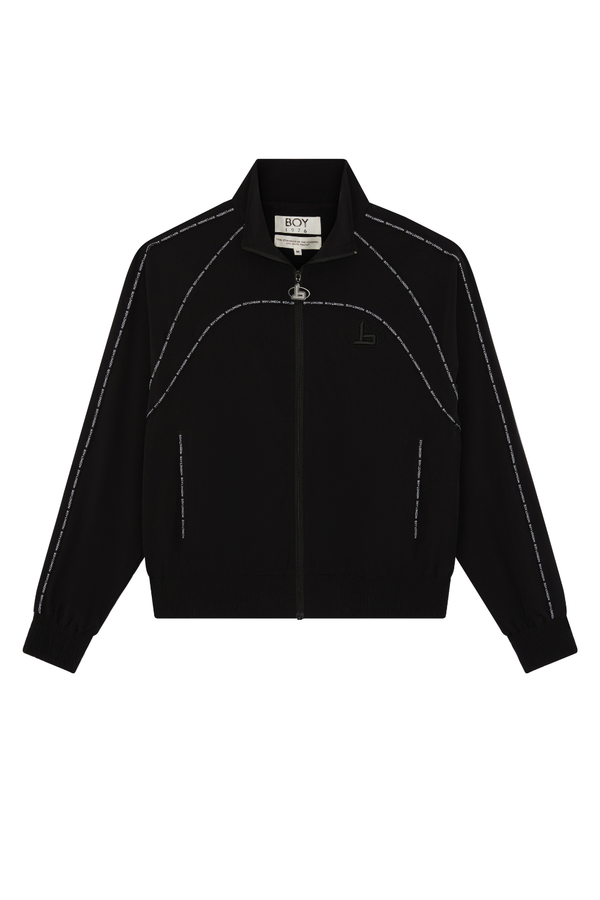Black BOY London jacket with white stitching on a white background