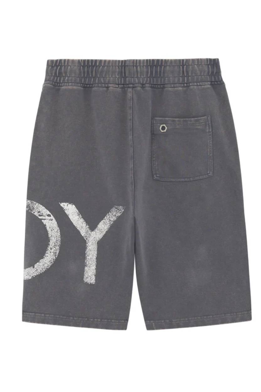 Gray shorts with a pocket and 'BOY' London print on a white background