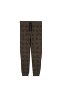 Dark brown BOY London jogger pants with a subtle pattern on a white background