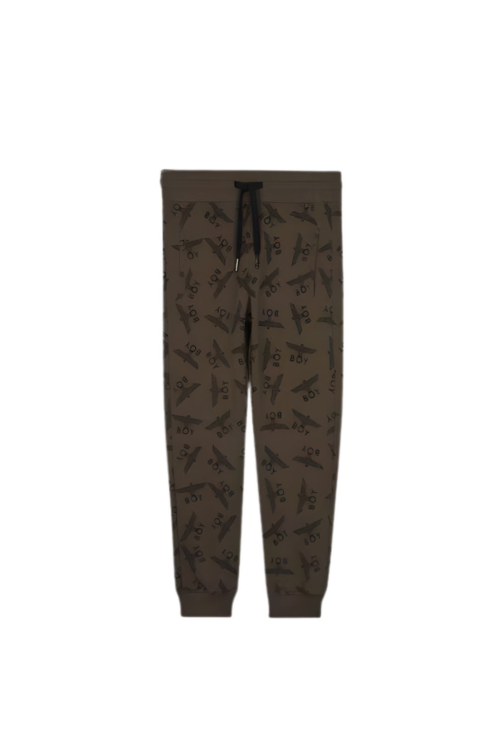 Dark brown jogger pants with a subtle pattern on a white background