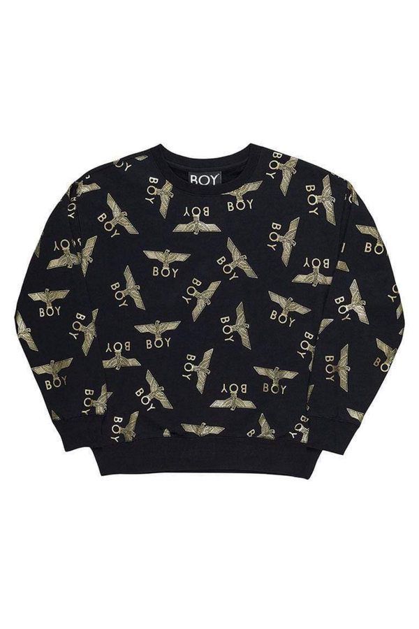 Black sweater with gold 'BOY' and bird pattern on a white background