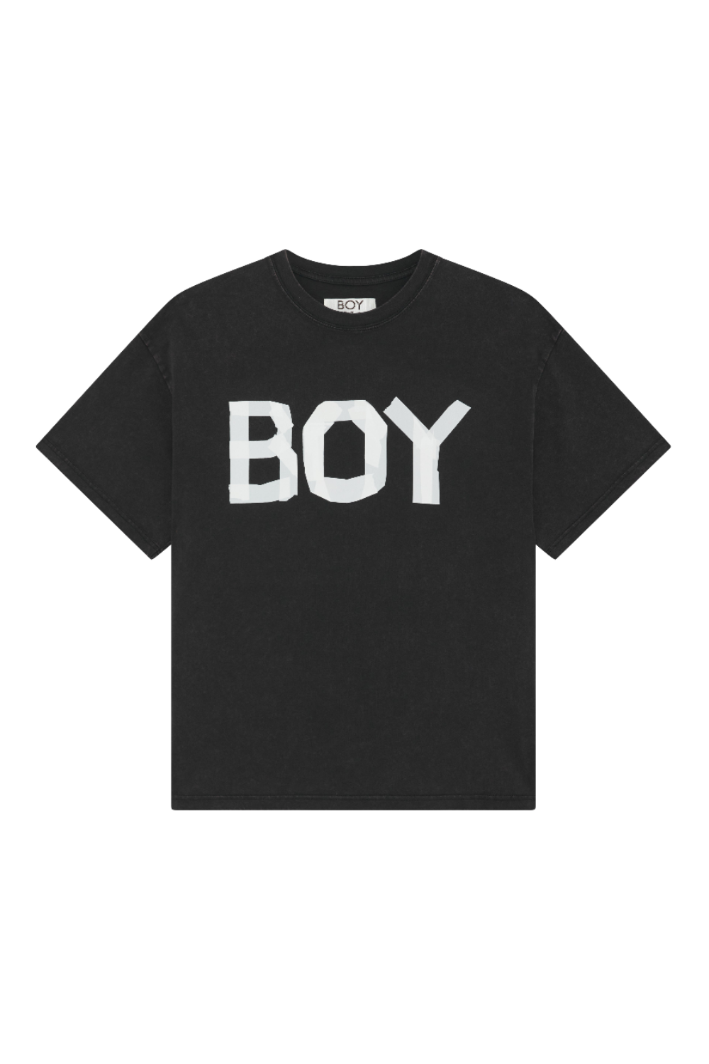 Black t-shirt with 'BOY' London printed in white on a white background