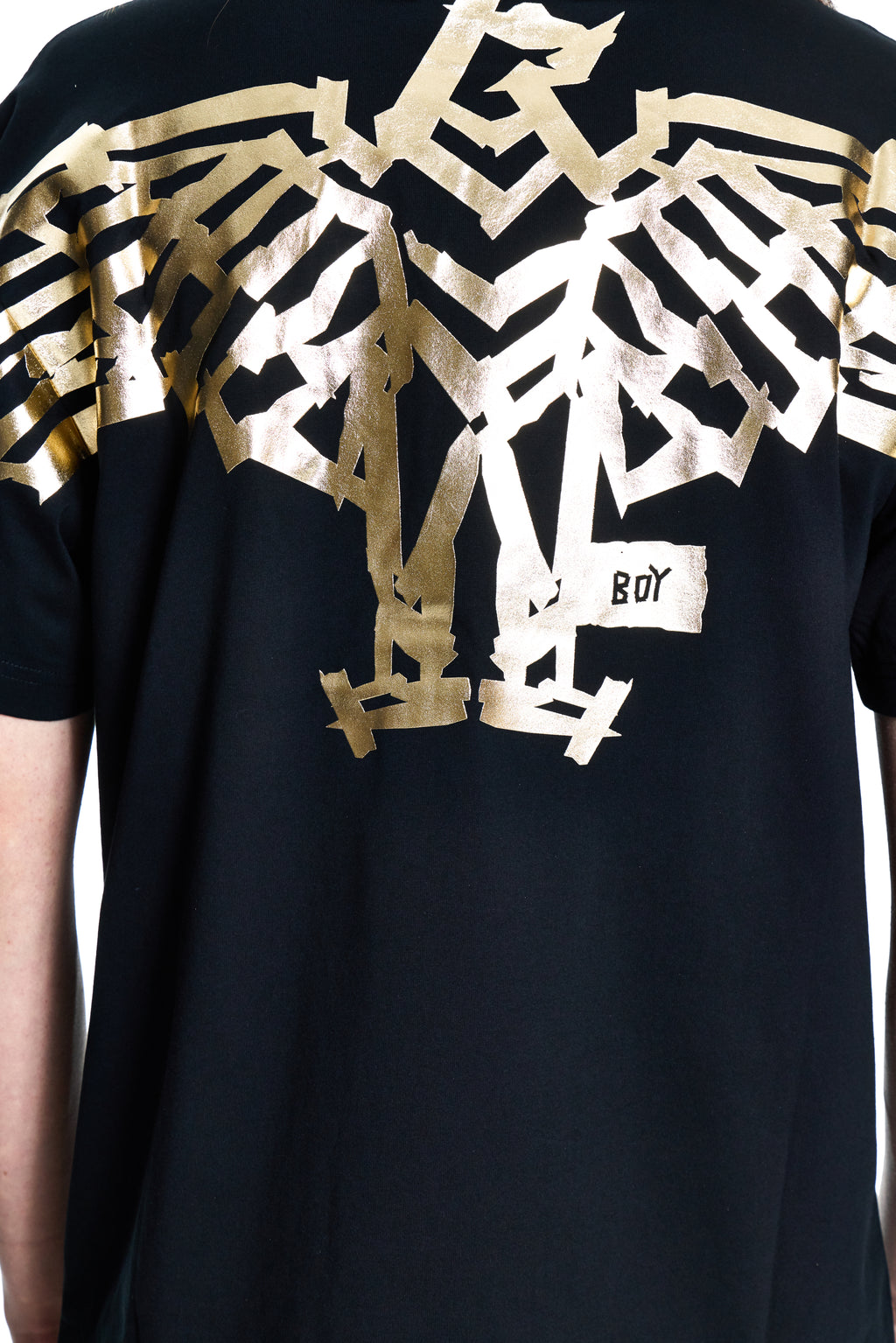 Black t-shirt with gold and white geometric patterns and 'BOY' logo.