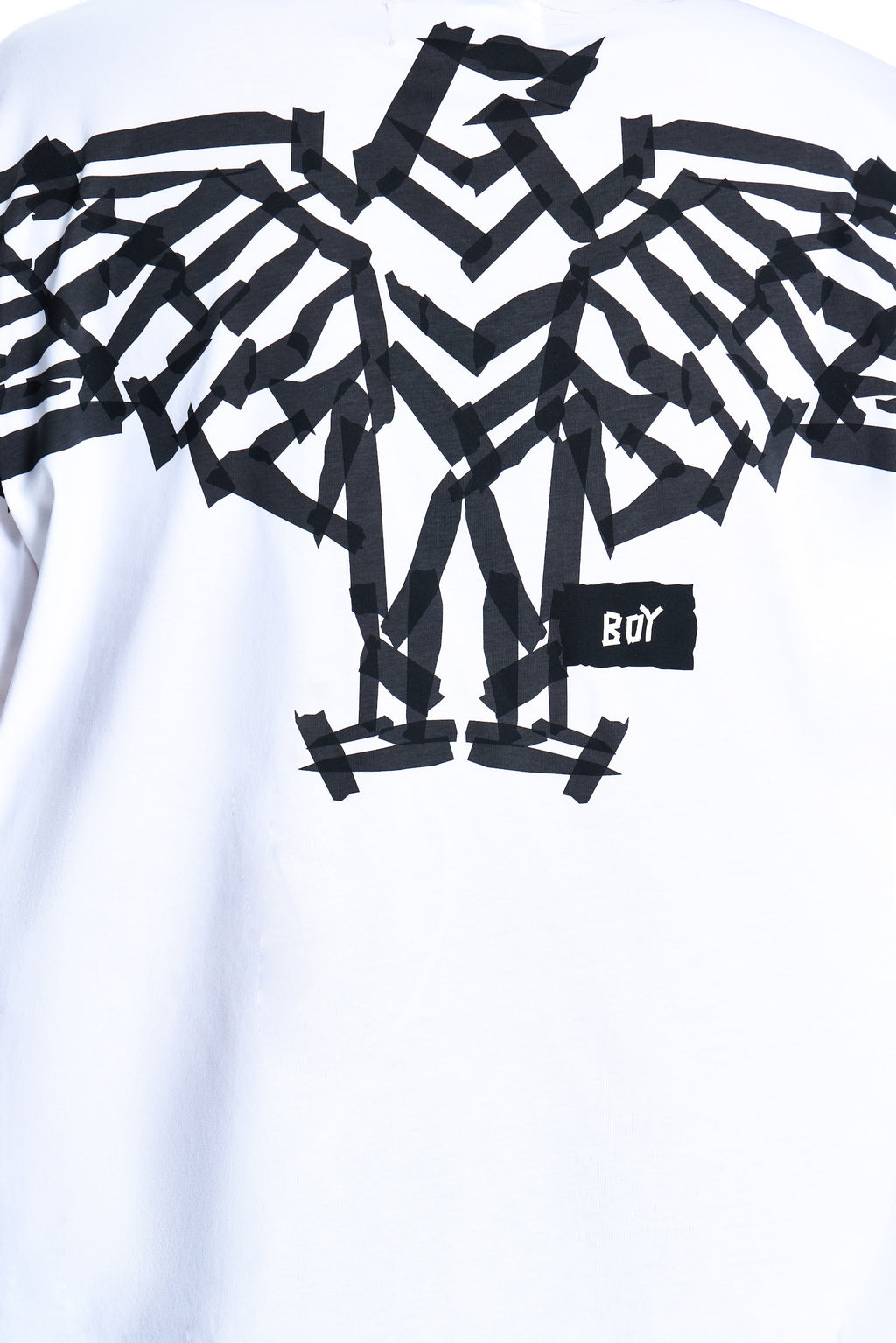 White t-shirt with black geometric eagle design and 'BOY' logo on a white background