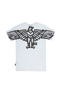 White t-shirt with black eagle design on a white background