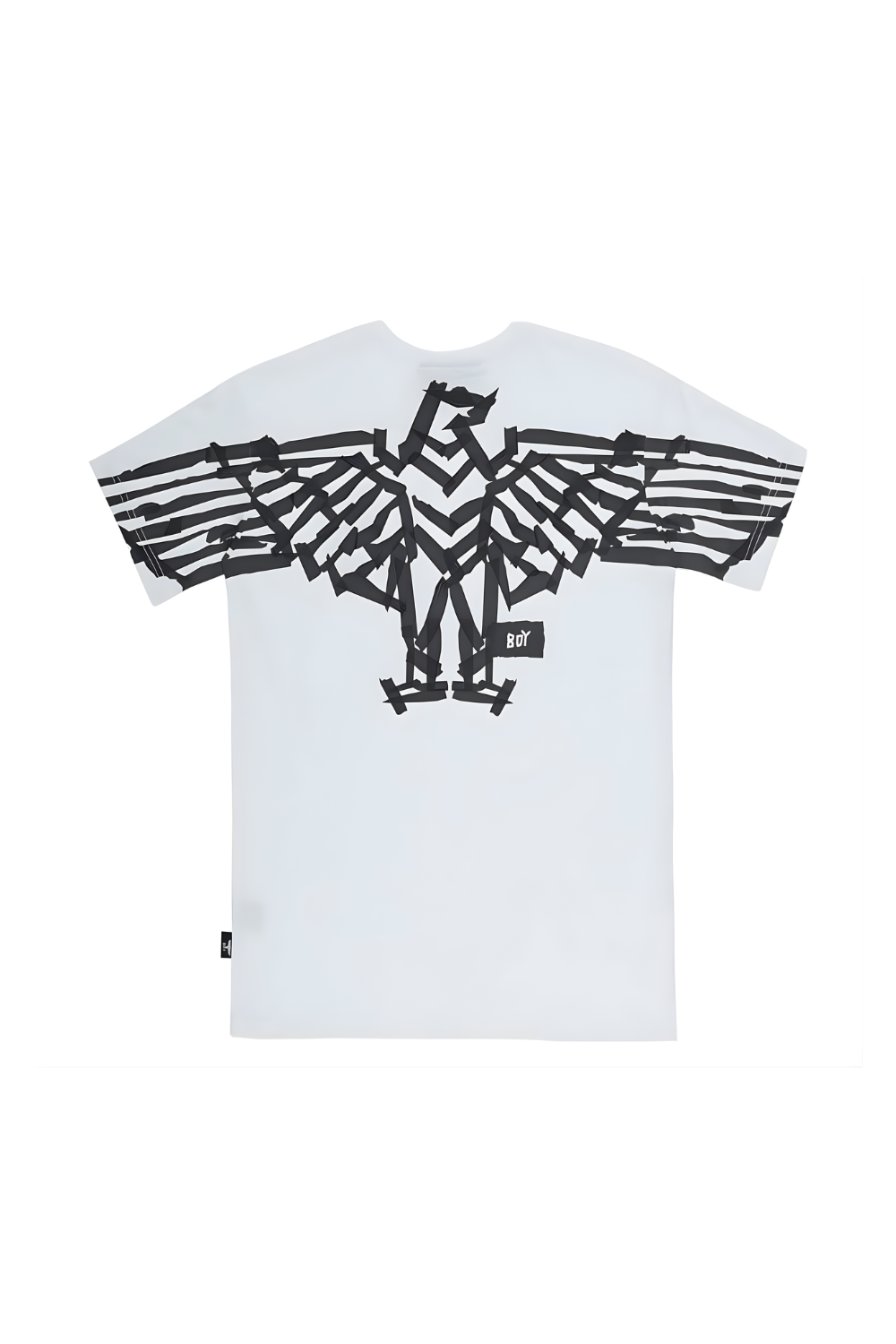 White t-shirt with black eagle design on a white background