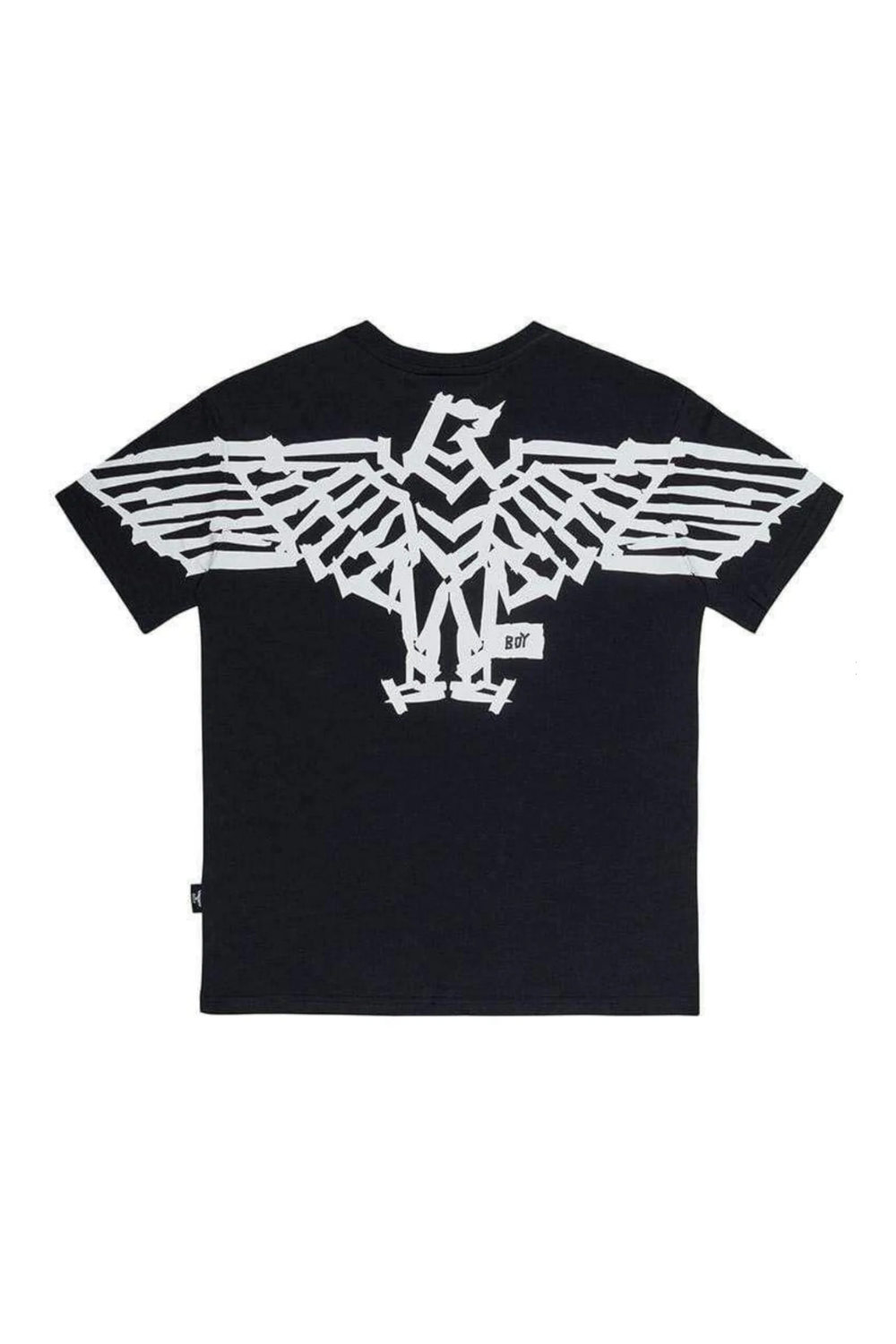Black t-shirt with a white eagle logo on a white background