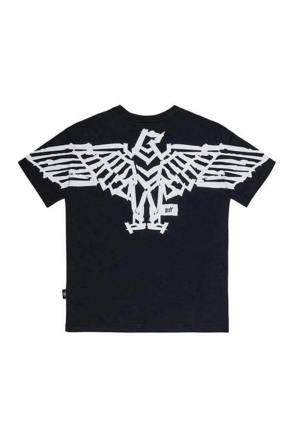Black t-shirt with a white eagle logo on a white background