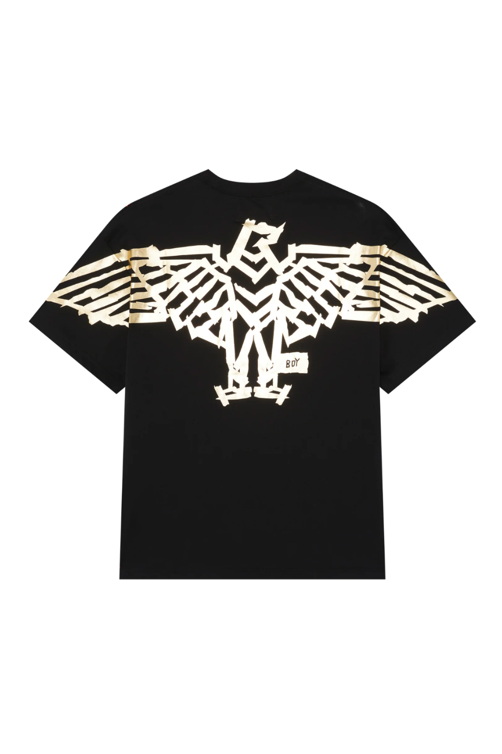 Black t-shirt with a white and gold eagle logo on a white background
