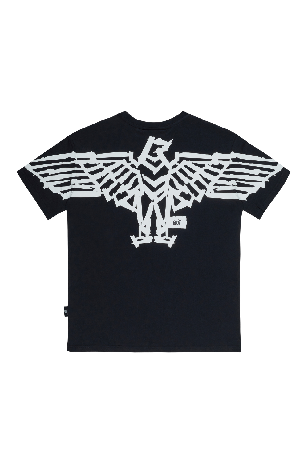 Black t-shirt with a white eagle logo on a white background