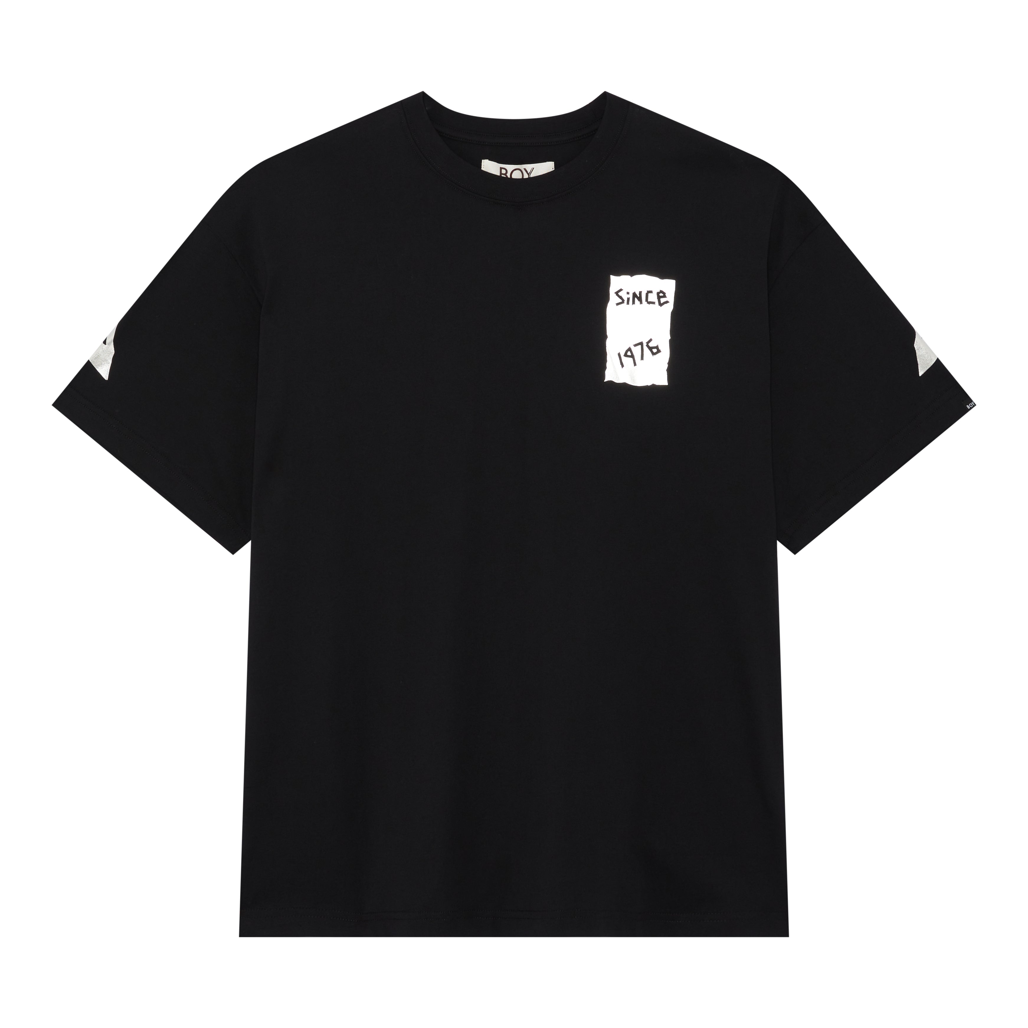Black Boy London crew neck t-shirt with a large white eagle logo on the back, featuring a geometric pattern.