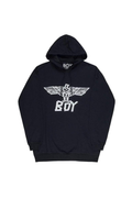 Black hoodie with 'BOY' London logo on a white background