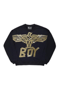 Black sweatshirt with gold eagle design and 'BOY' text on a white background