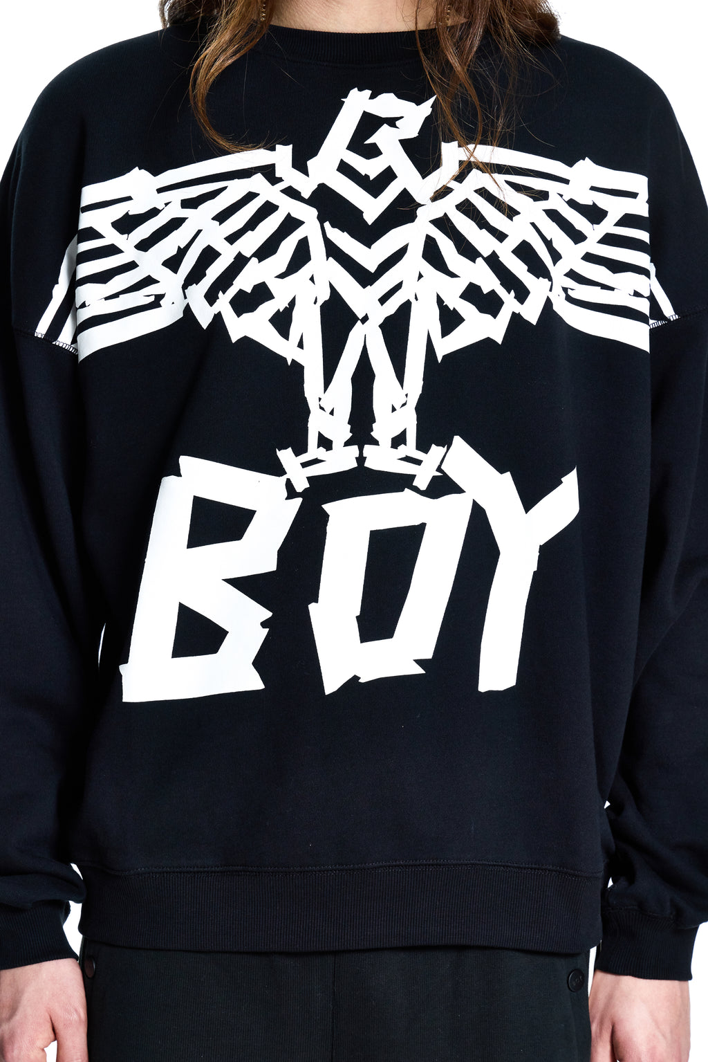 Black sweatshirt with white eagle design and 'BOY' text