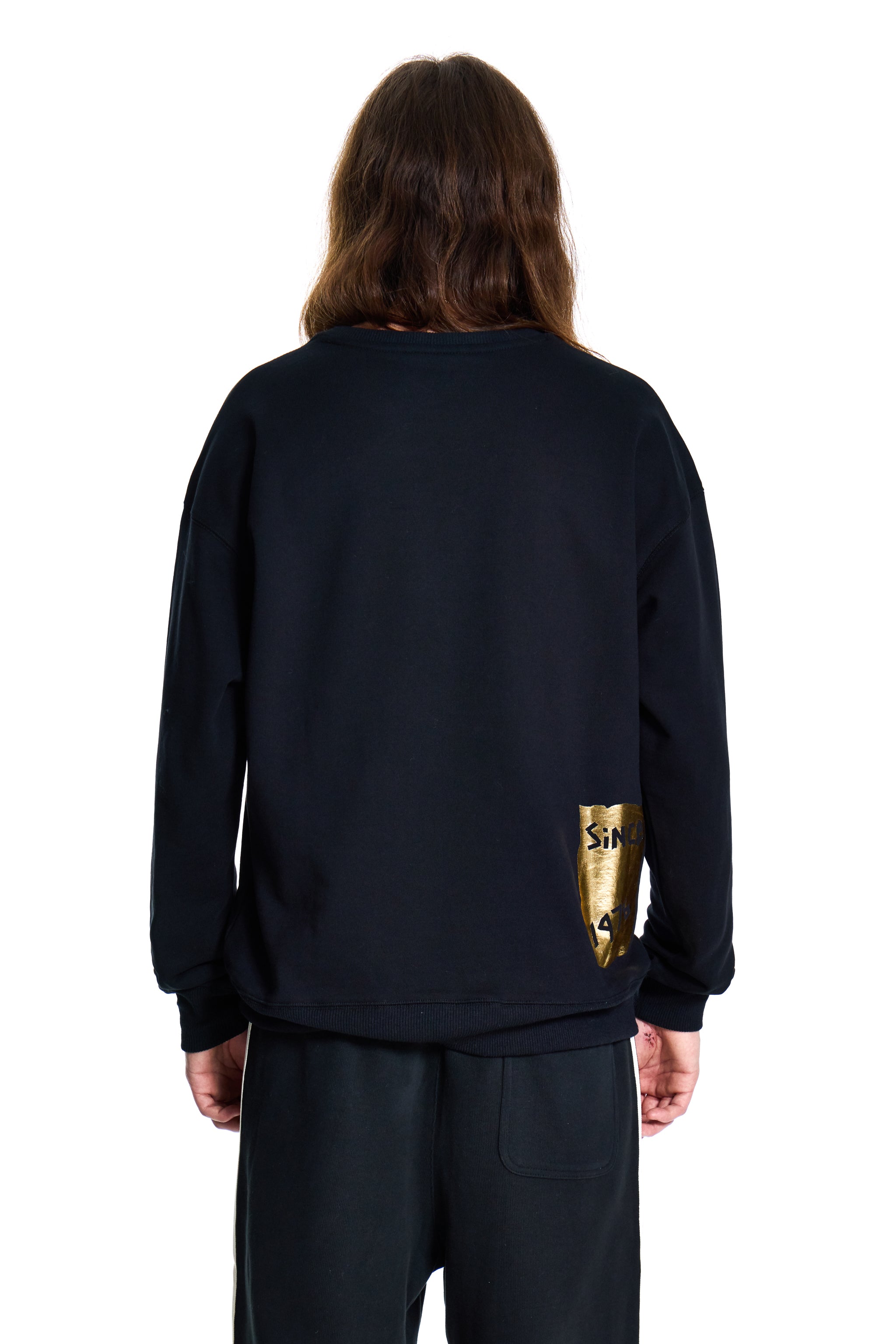 Person wearing a black sweatshirt with a gold logo on the back, standing against a white background