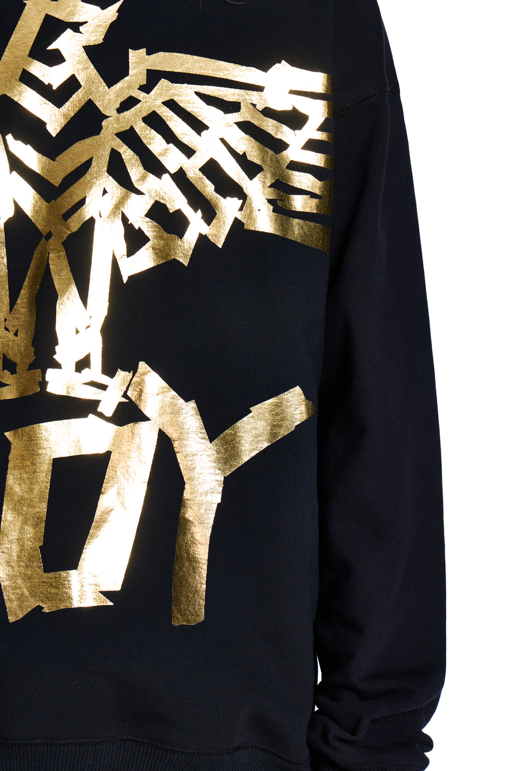 Black sweatshirt with gold abstract design on a white background