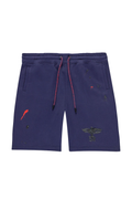 BOY London Navy blue shorts with red drawstring and small graphics on a white background