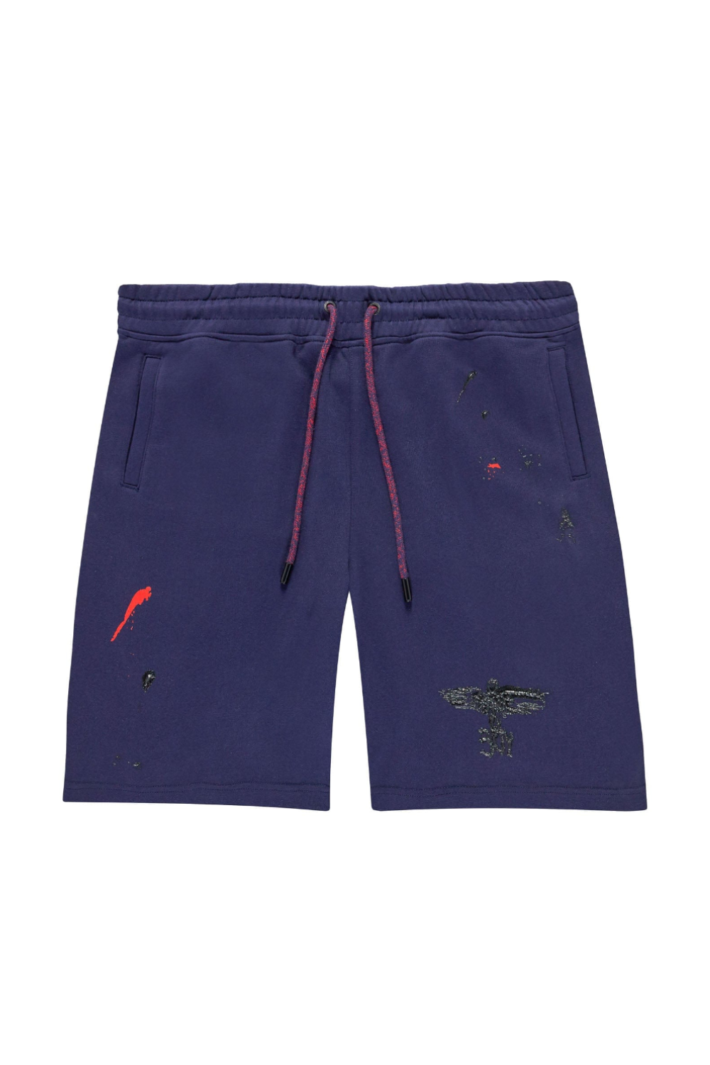 BOY London Navy blue shorts with red drawstring and small graphics on a white background