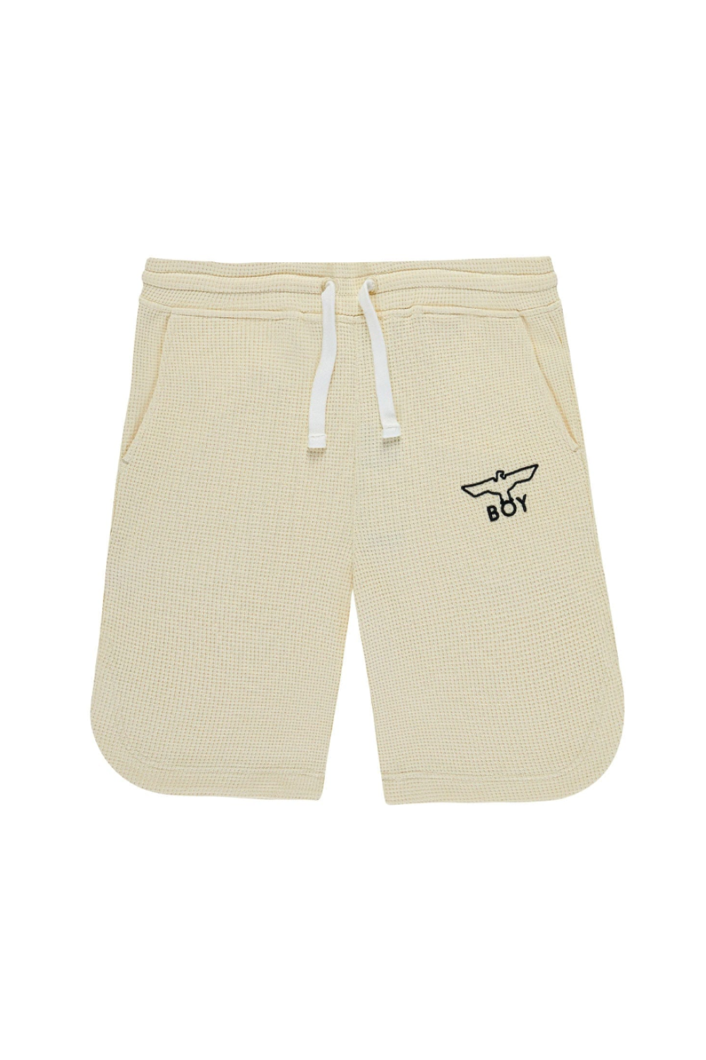 BOY London Beige shorts with a logo on a white background