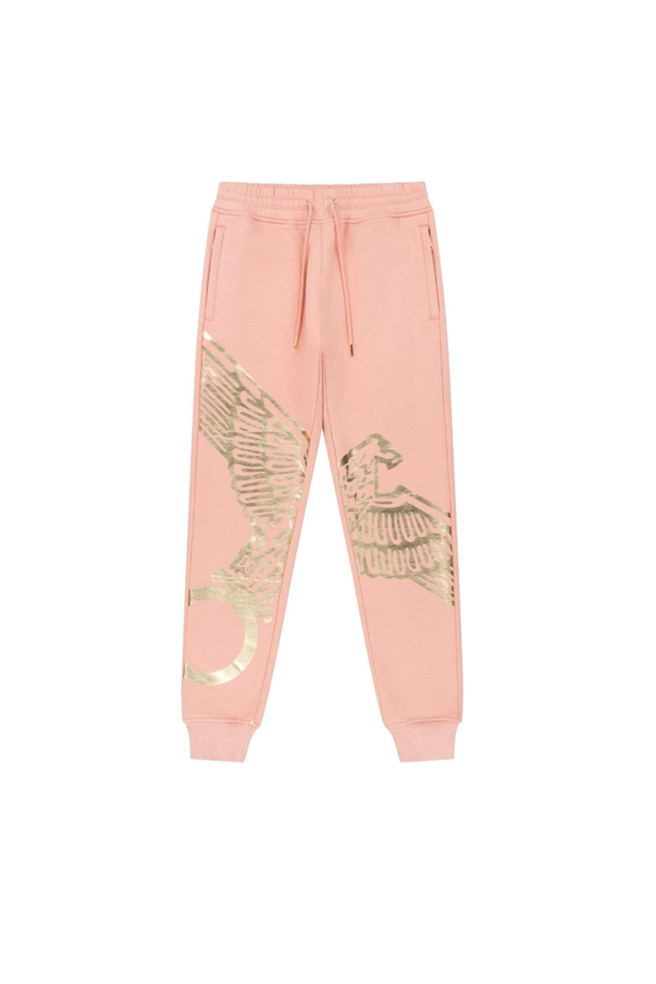 Pink sweatpants with gold eagle design on a white background