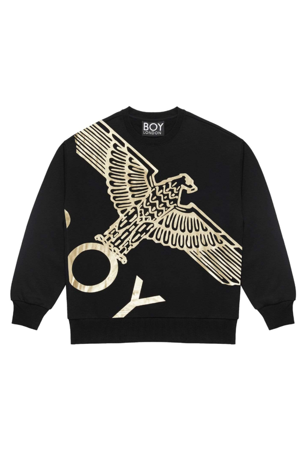 Black Boy London sweatshirt with gold eagle design and 'BOY' branding on a white background