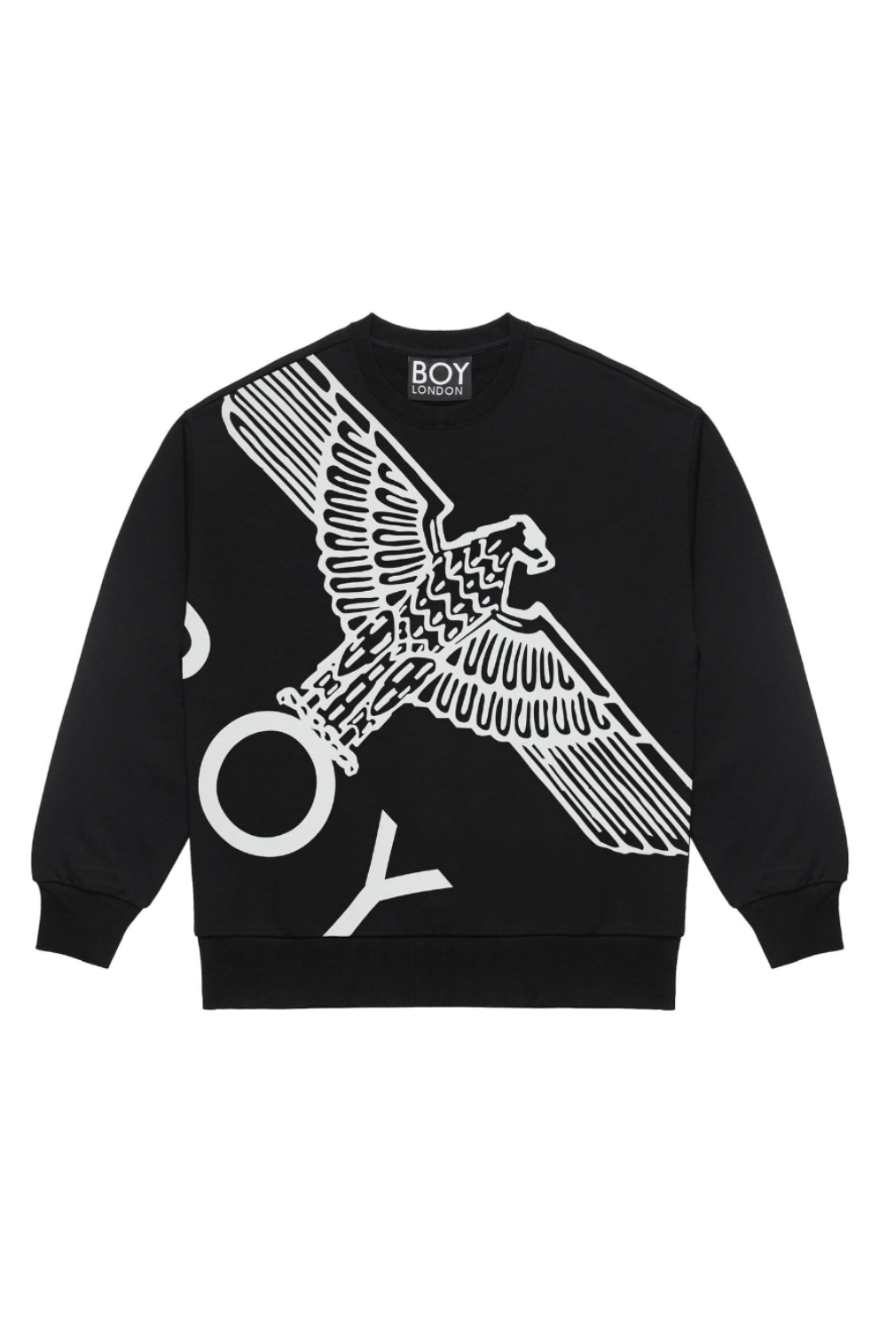Black Boy London sweatshirt with white eagle design and 'BOY' branding on a white background