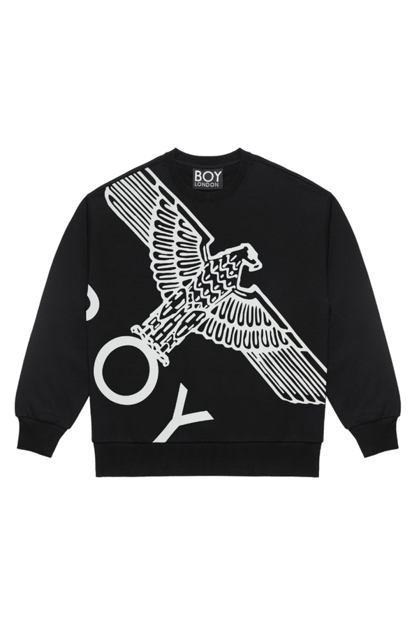 Black Boy London sweatshirt with white eagle design and 'BOY' branding on a white background