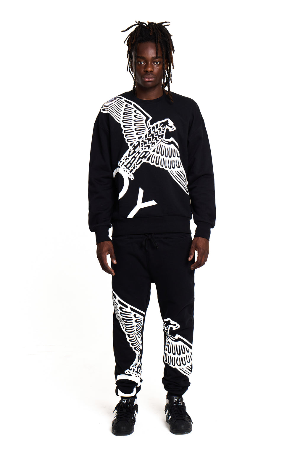 Model wearing BOY London sweatshirt on white background