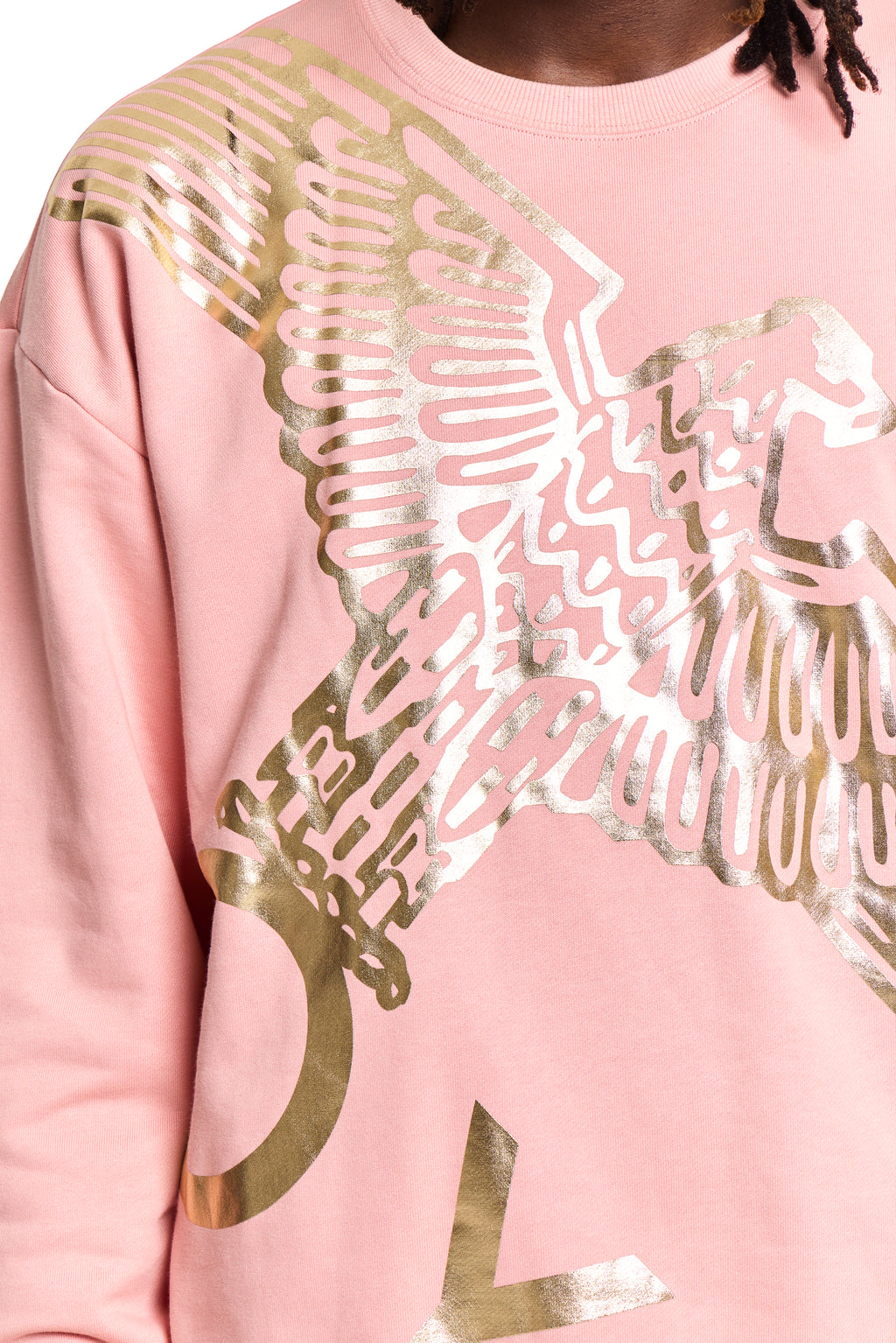 Pink BOY London sweatshirt with gold eagle design on a plain background