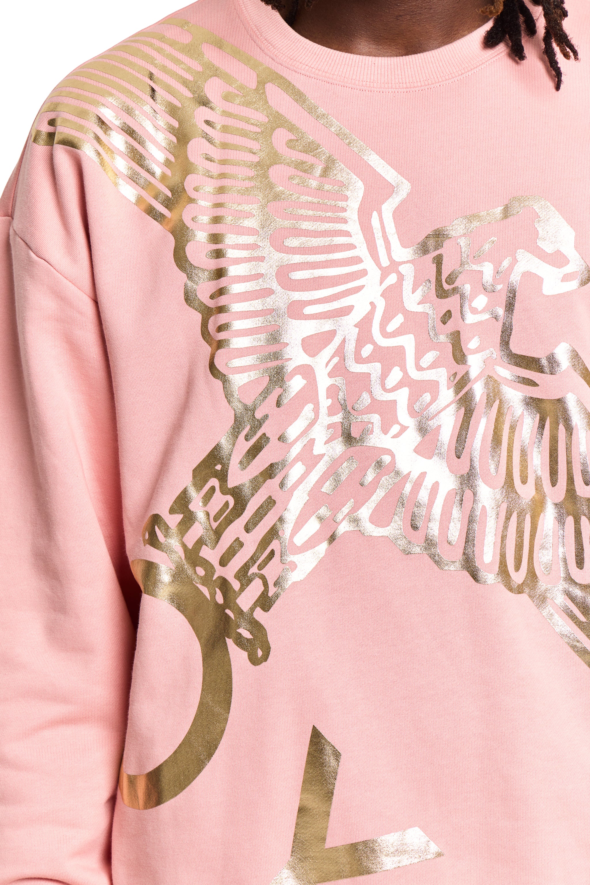 Pink BOY London sweatshirt with gold eagle design on a plain background
