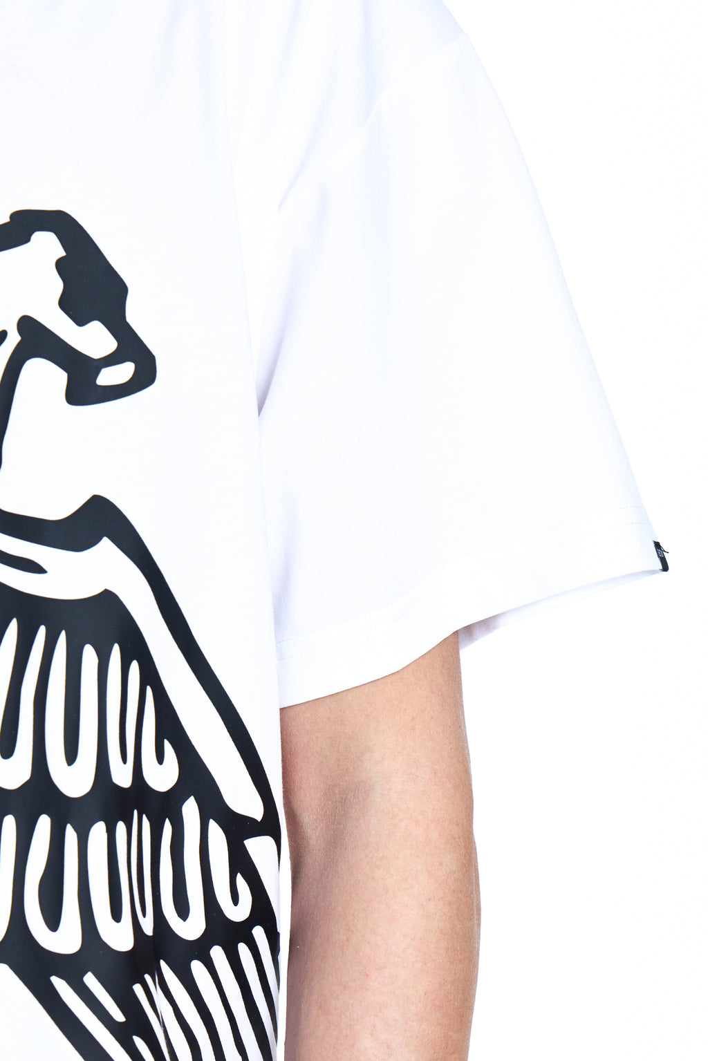 White t-shirt with black and white graphic design on a white background