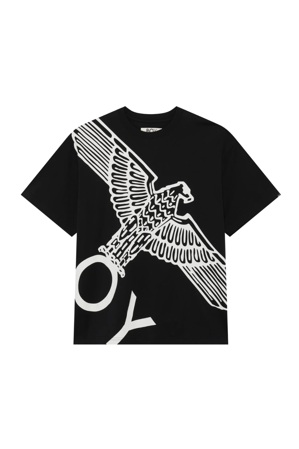 Black t-shirt with white eagle design on a white background