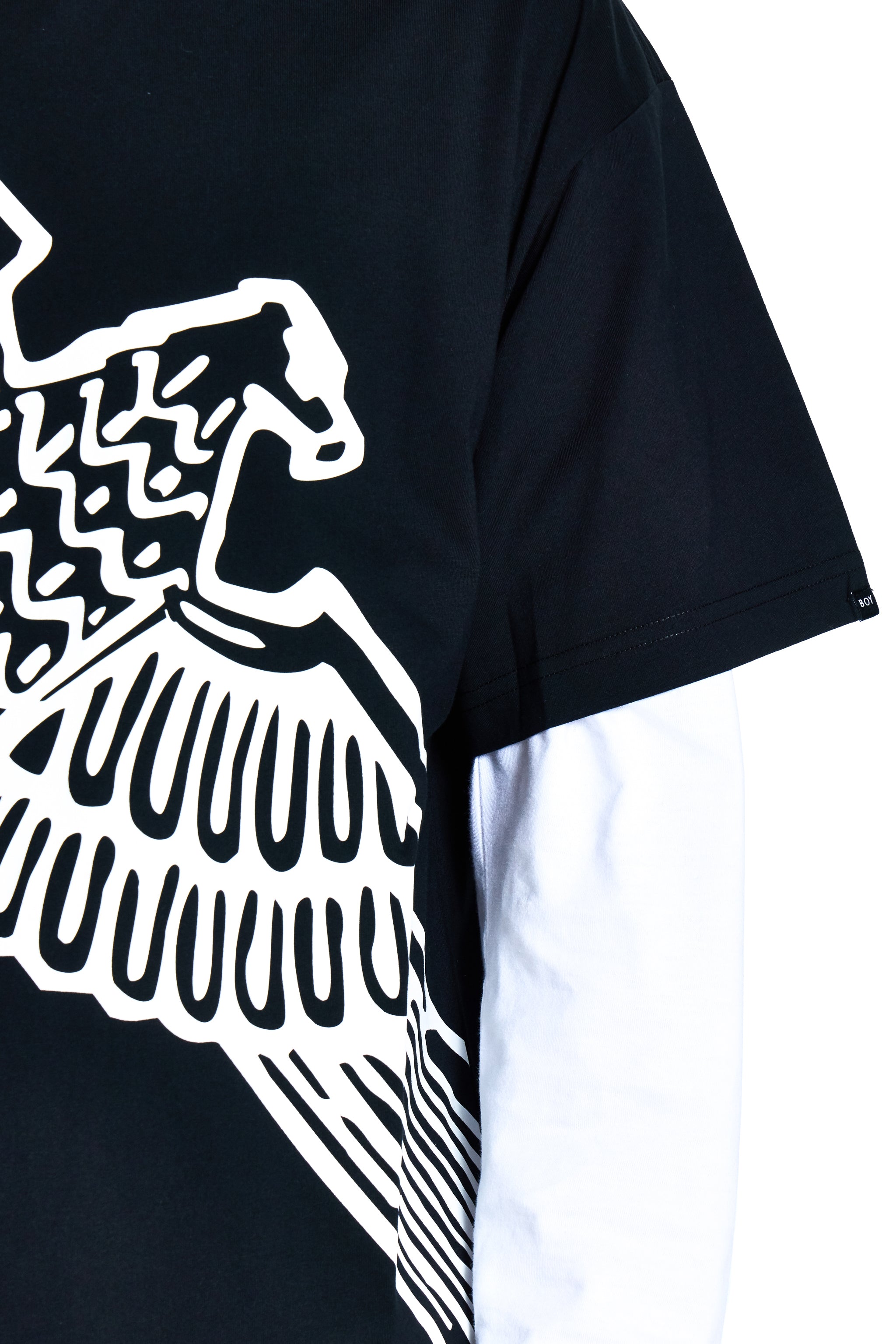 Black t-shirt with a white eagle design on a white background