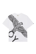 White t-shirt with black eagle graphic and 'OY' logo on a white background