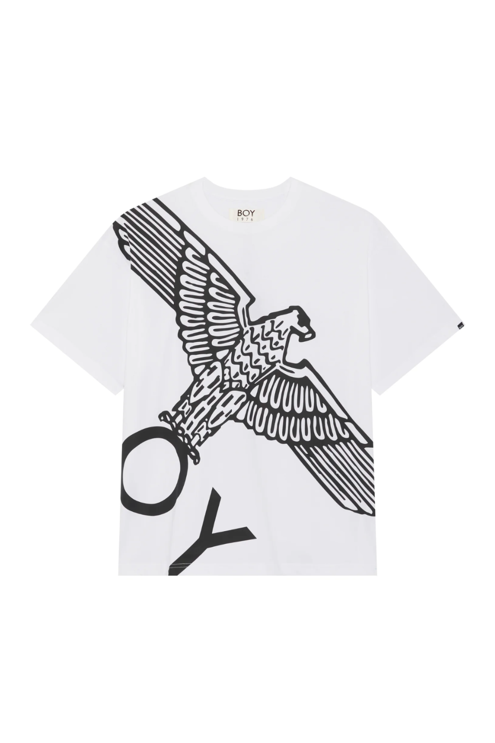 White t-shirt with black eagle graphic and 'OY' logo on a white background