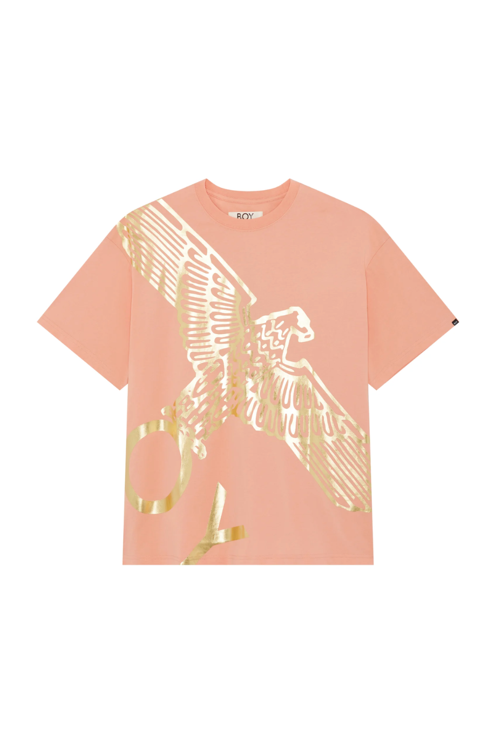 Pink t-shirt with gold eagle graphic on a white background