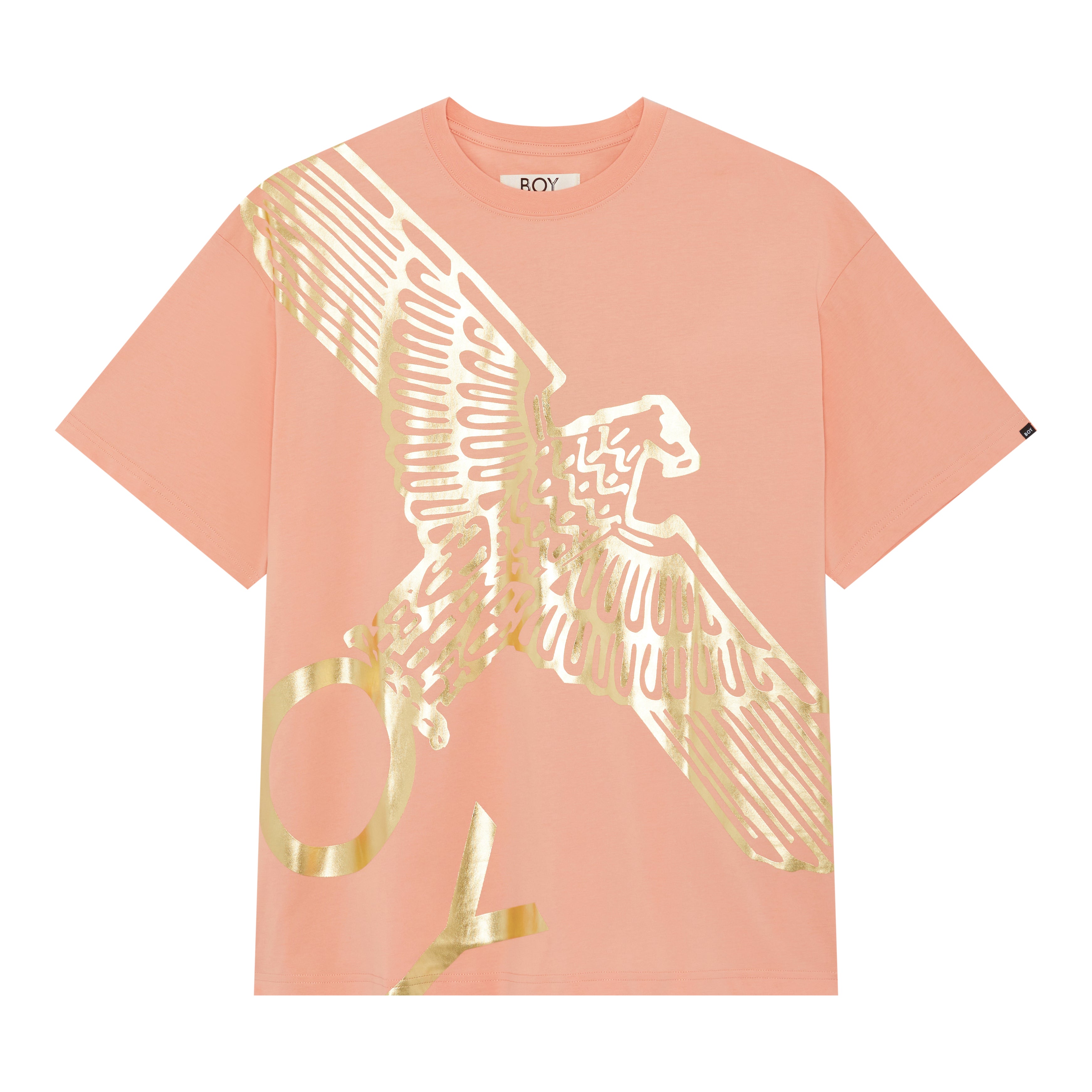 A BOY London pink T-shirt with a large gold front eagle logo.