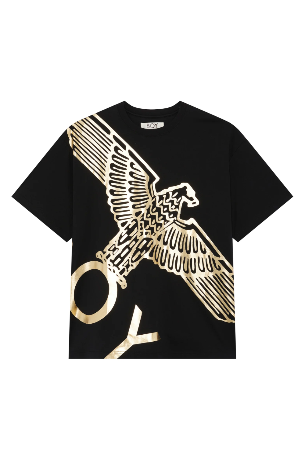 Black t-shirt with gold eagle design on a white background