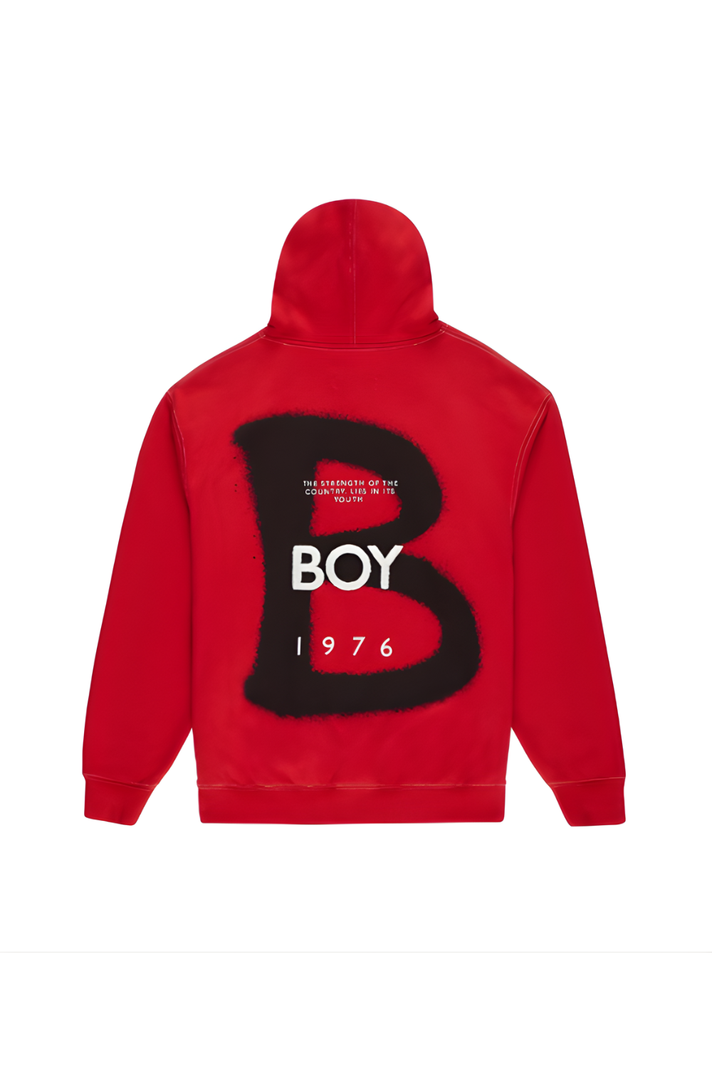 Red hoodie with 'BOY' logo on the back against a white background