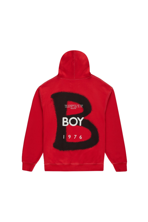 Red hoodie with 'BOY' logo on the back against a white background