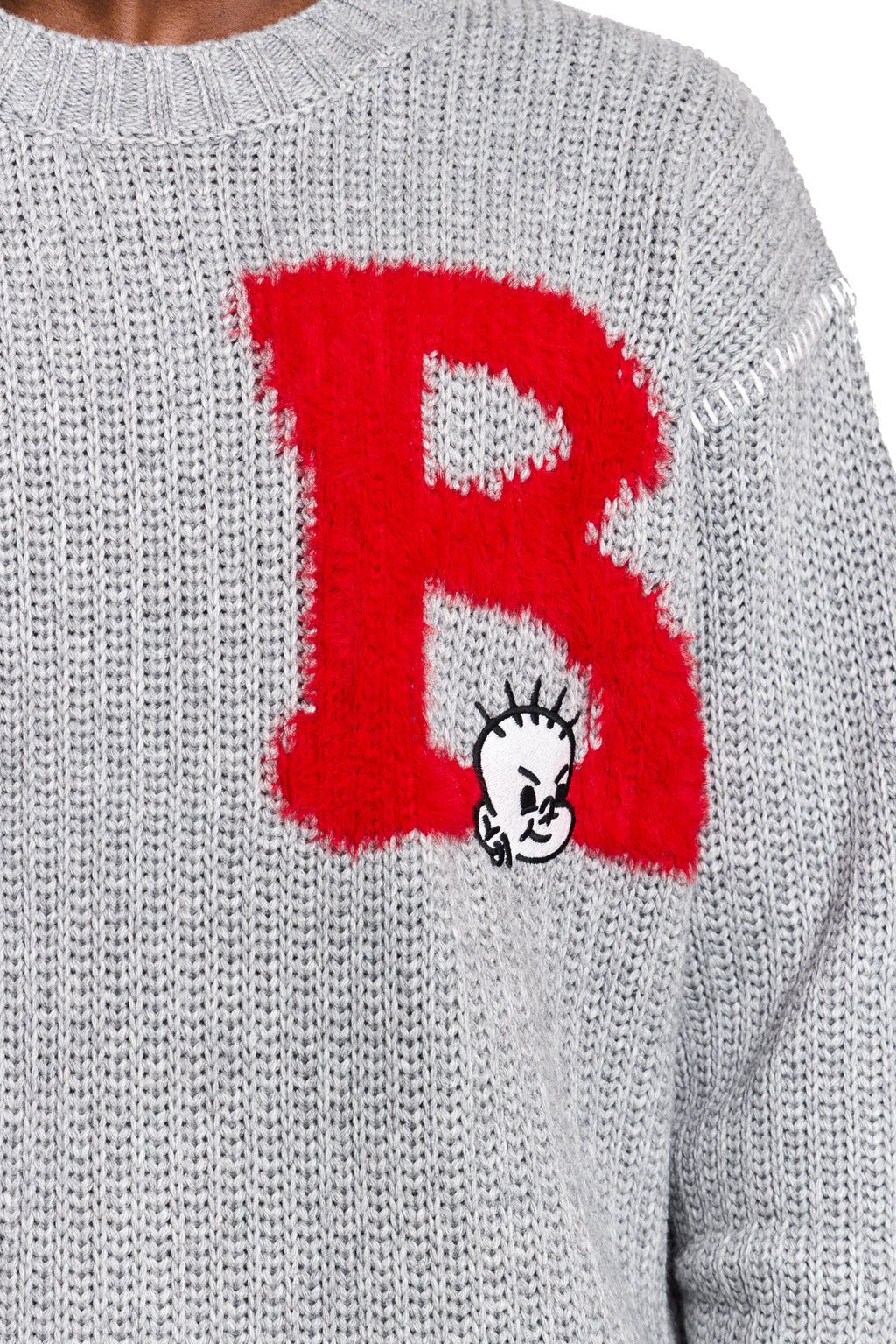 Gray Boy London sweater with a large red 'B' and cartoon character on the sleeve