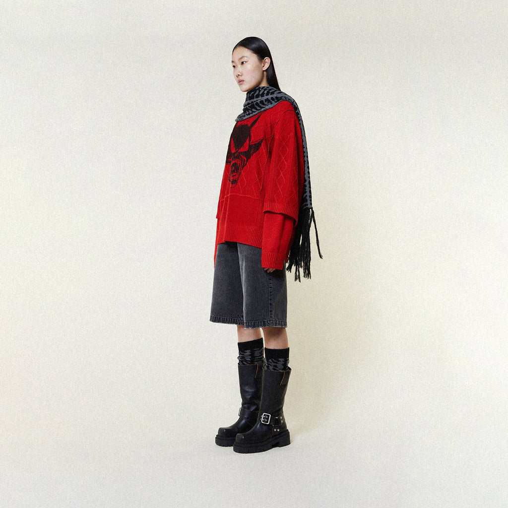 Female model wearing CHEEKY DEVIL DOUBLE SLEEVE JUMPER-KNITWEAR-BOY London