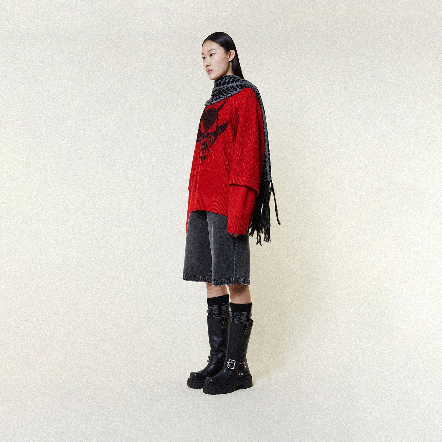 Female model wearing CHEEKY DEVIL DOUBLE SLEEVE JUMPER-KNITWEAR-BOY London